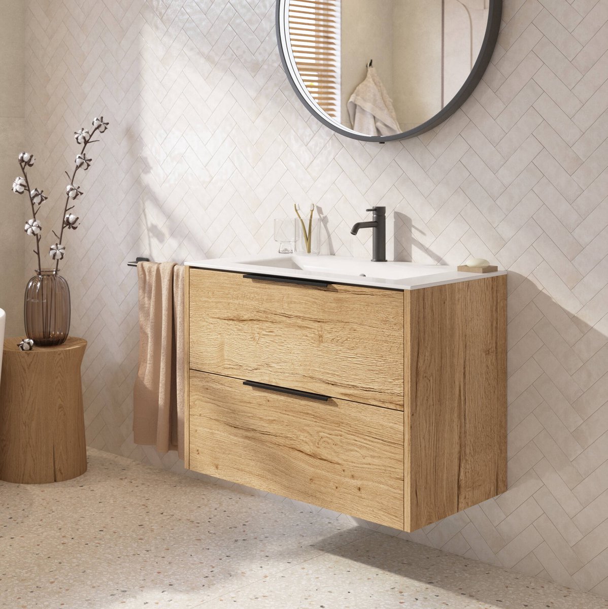 Saqu Lima Badmöbel Eiche Marcato 80x51x61cm mit Griff Schwarz inkl. Keramik Waschbecken Glänzend Weiß