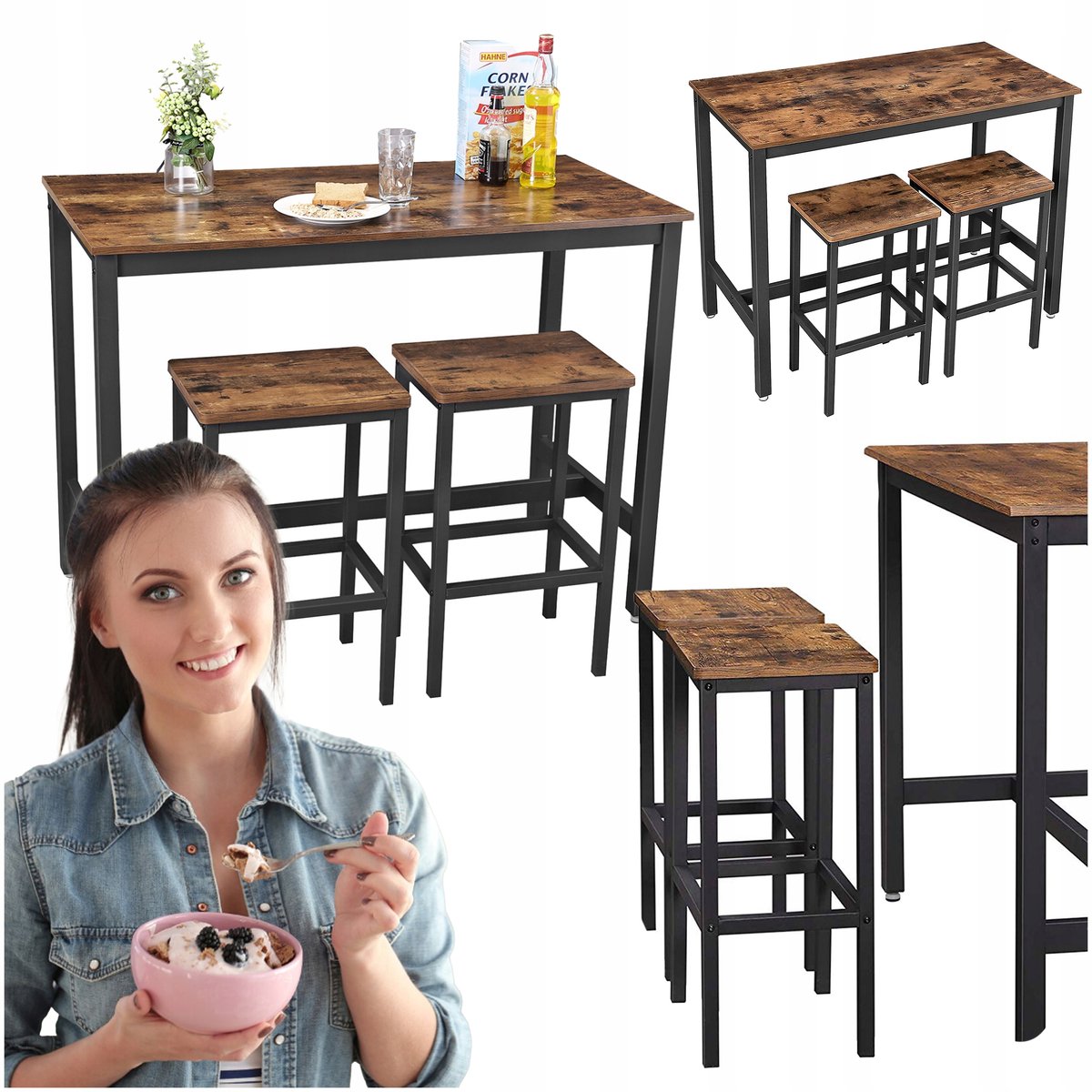 Industrial Look Stehtisch mit 2 Barhockern