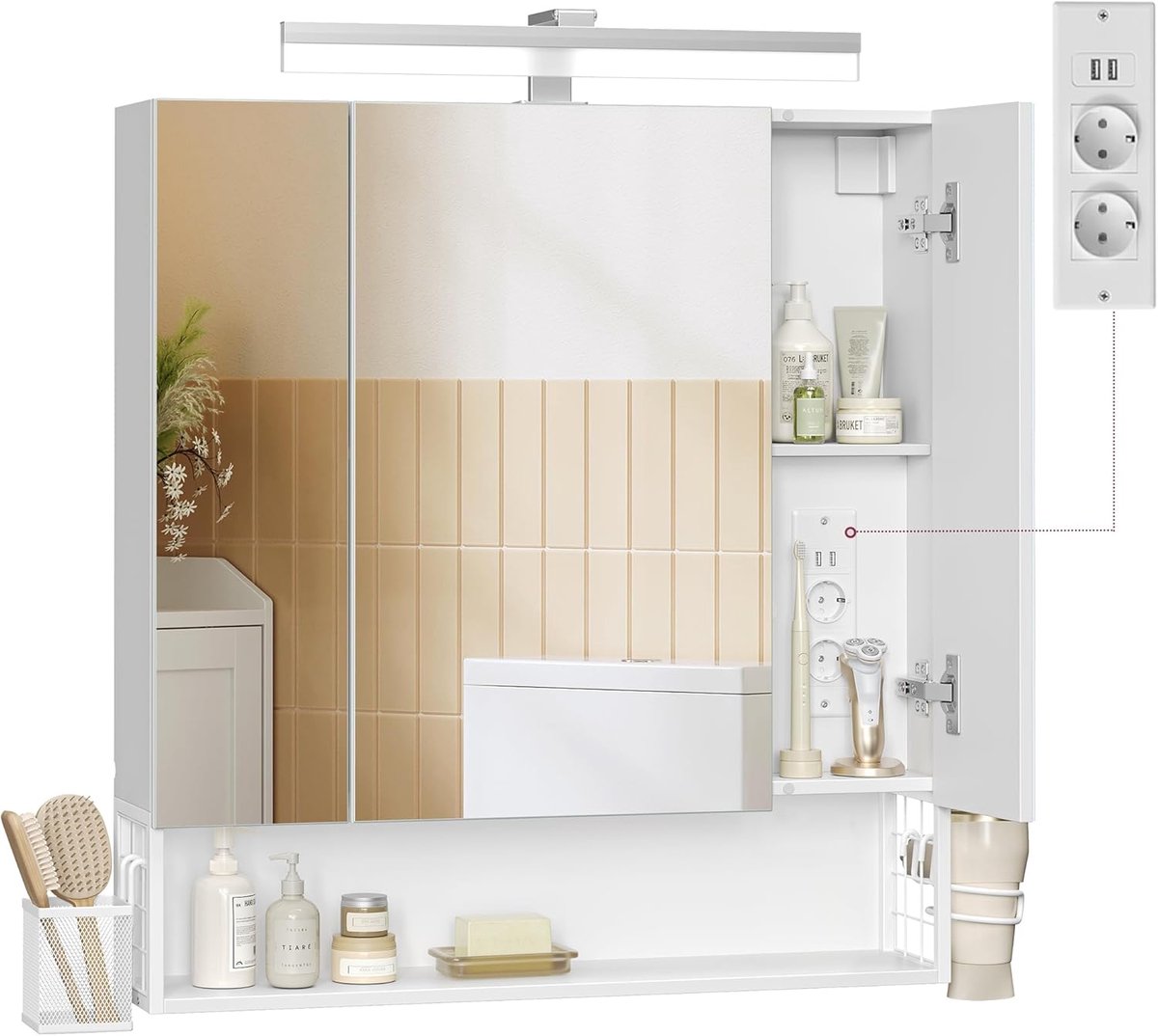 Badschrank mit Steckdosen und 3 Türen wolkenweiß, Wolkenweiß