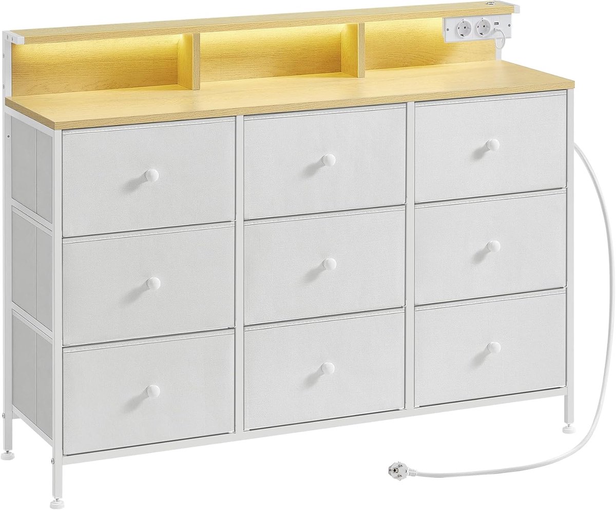 Kommode, Aufbewahrungsschrank mit 9 Schubladen und LED-Beleuchtung, wolkenweiß