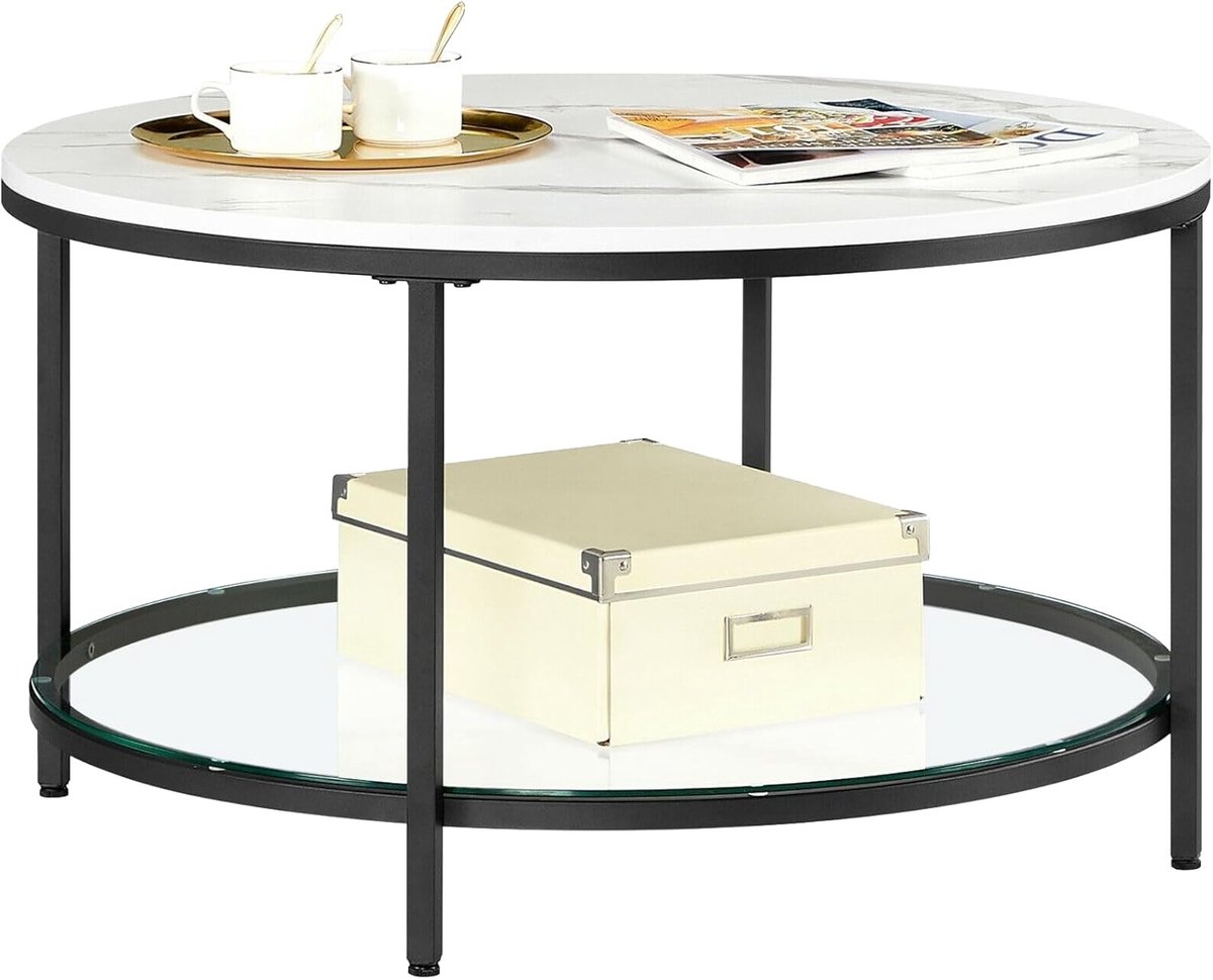 Couchtisch mit 2 Ablagen für Wohnzimmer, Marmorweiß + Tintenschwarz / 80 x 46 cm