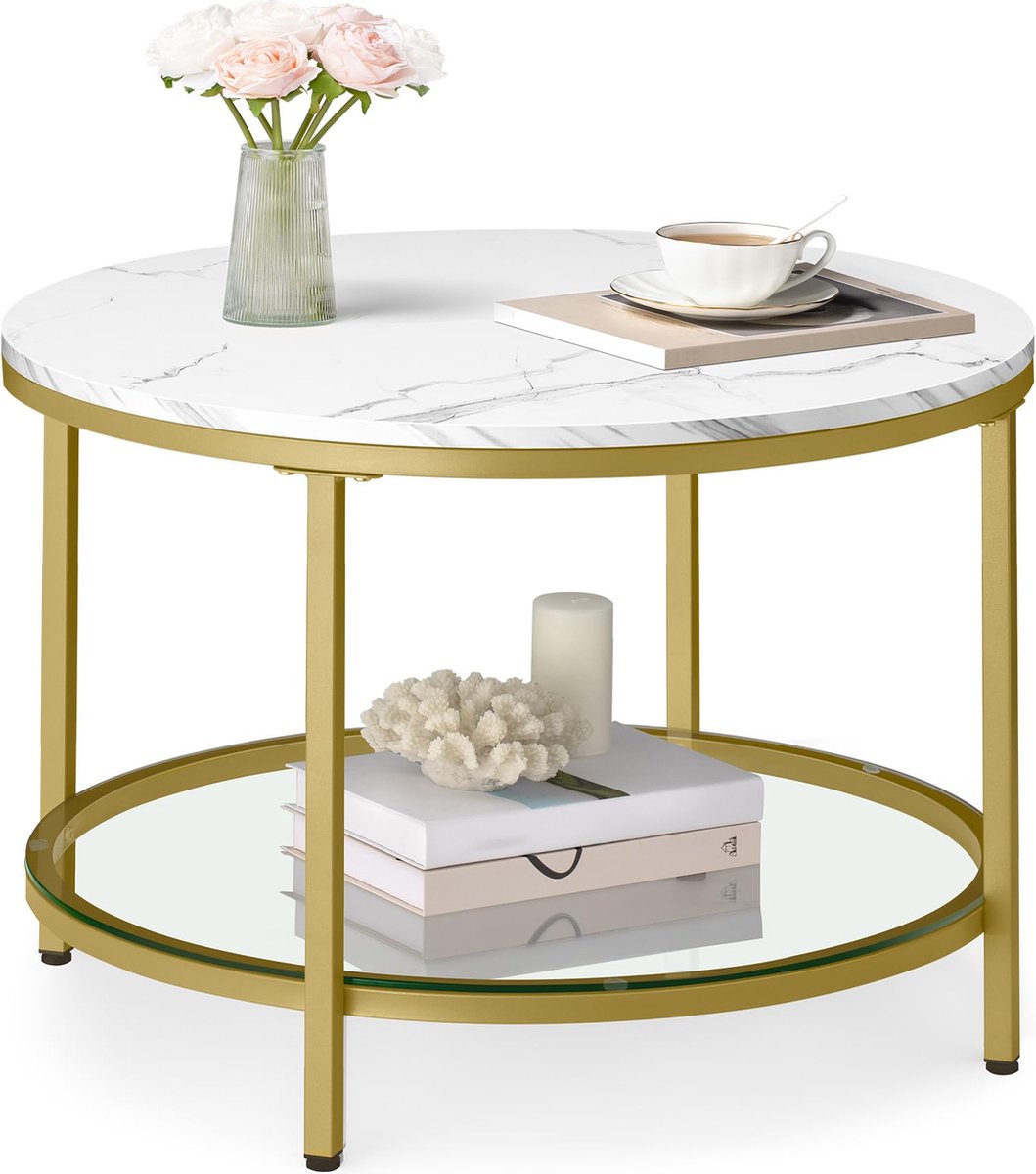 Couchtisch mit 2 Ablagen für Wohnzimmer, Marmorweiß + Helles Gold / 65d cm