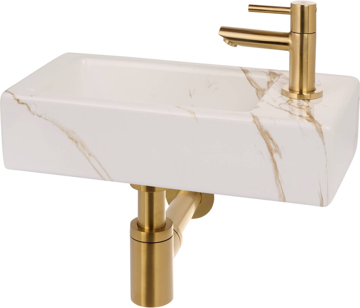 Saqu Waschtischset mit gebürstetem Messinghahn rechts 36x18x9cm Carrara