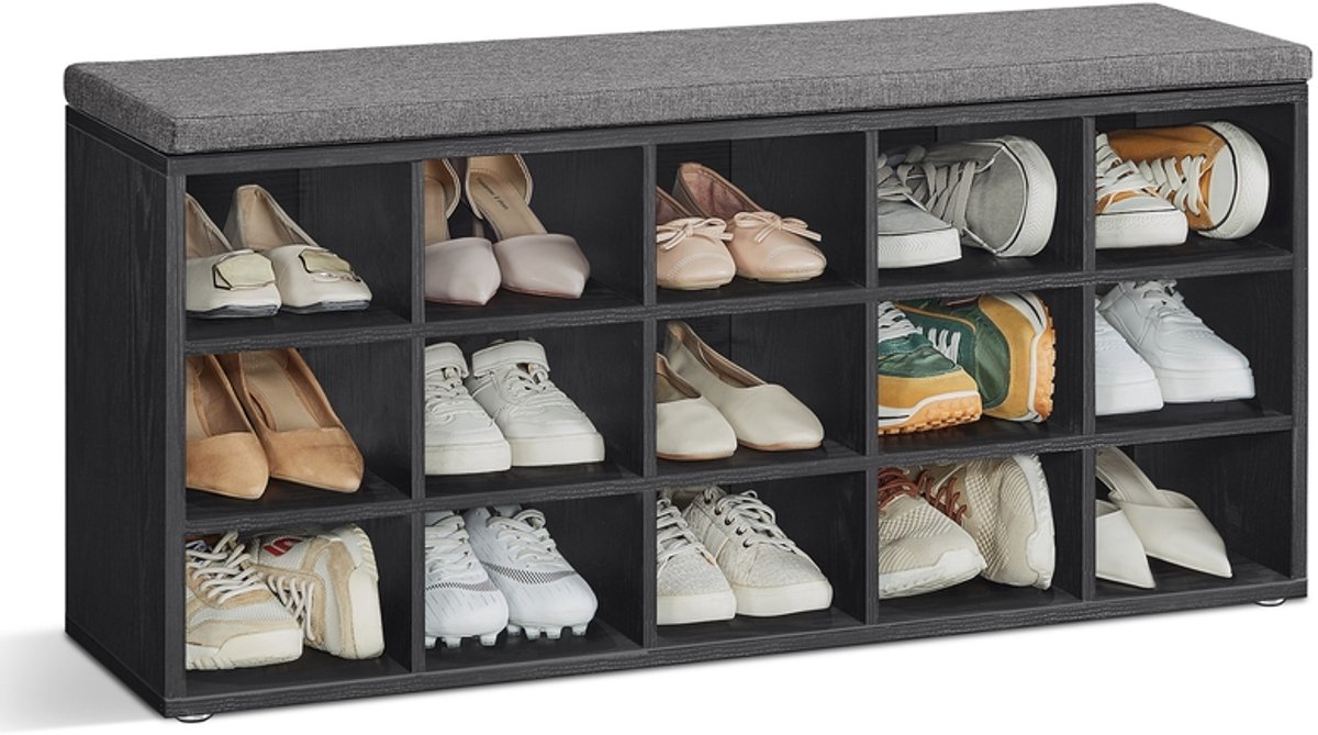 Schuhbank mit Kissen und 15 Fächern, ebenholzschwarz + schiefergrau