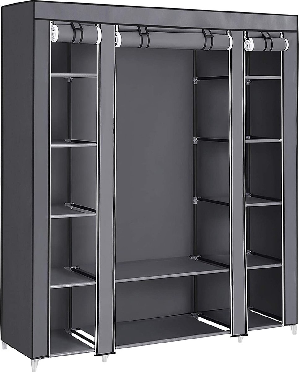 Kleiderschrank 12 Ablagen mit Metallrahmen und Überzug aus Vliesstoff, Grau