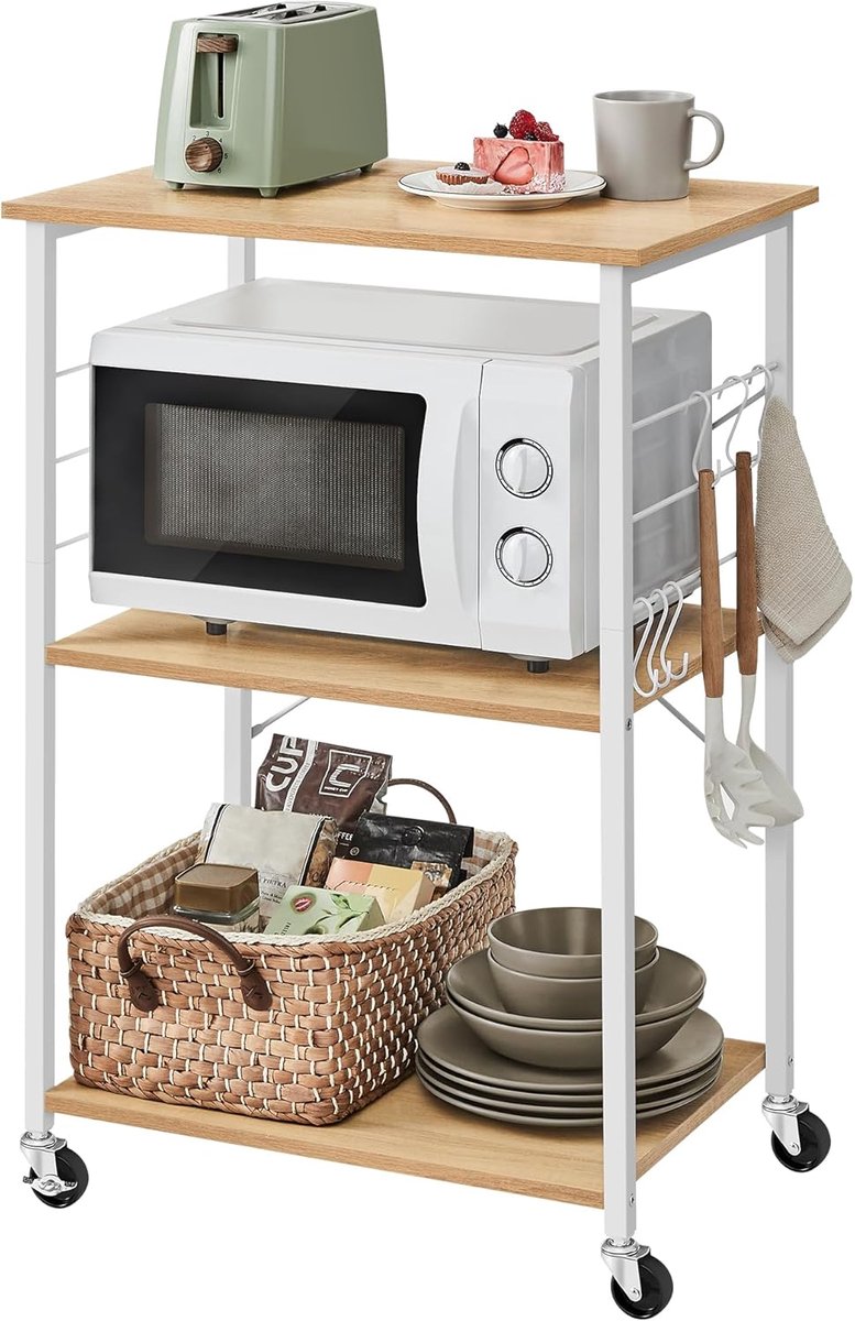 Rollbares Küchenregal Industrie-Design, Goldeichenfarben + Wolkenweiß / 60B cm