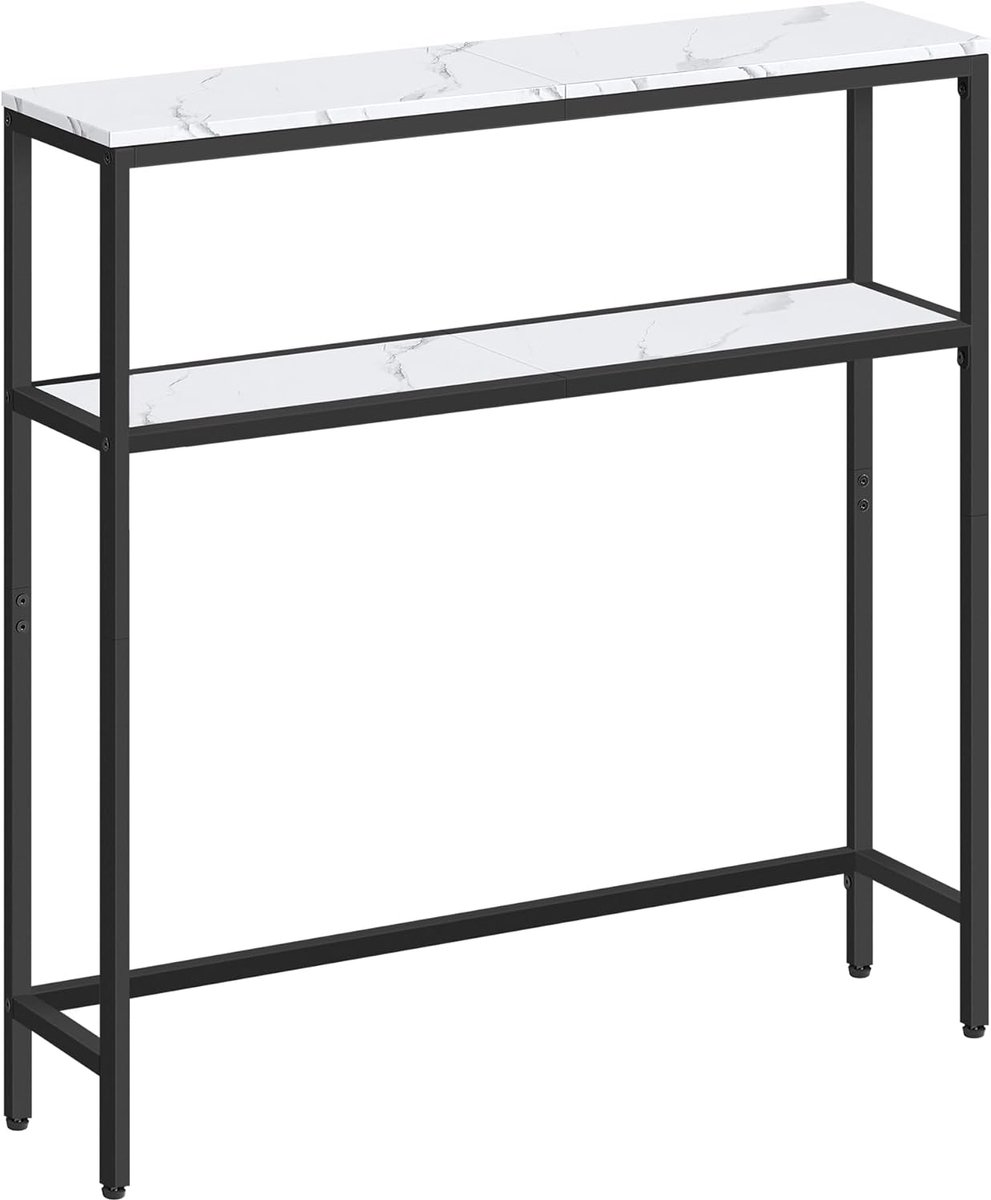 schmaler Sofatisch mit 2 Ablagen, Marmorweiß + Tintenschwarz / 80B cm