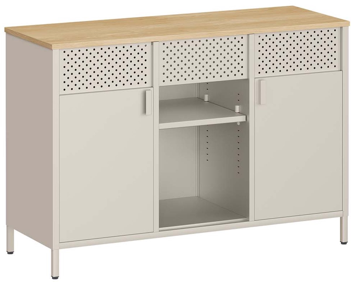 Metallschrank mit verstellbaren Böden und Magnetverschluss, Sandbeige + Natureichenfarben