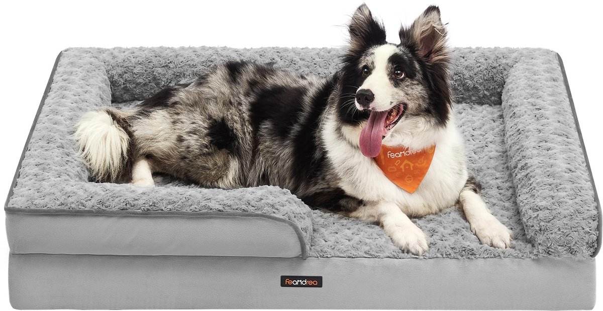 Orthopädisches Hundebett mit Plüsch-Bezug, (L) 91 x 68 x 16 cm / taubengrau