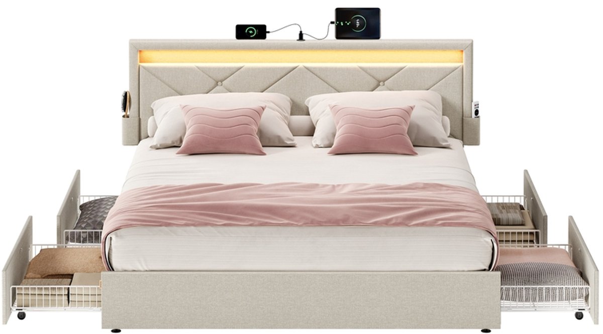 Metallbettgestell mit LED Beleuchtung Schubladen und Kopfteil, cappuccinobeige / 140 x 200 cm