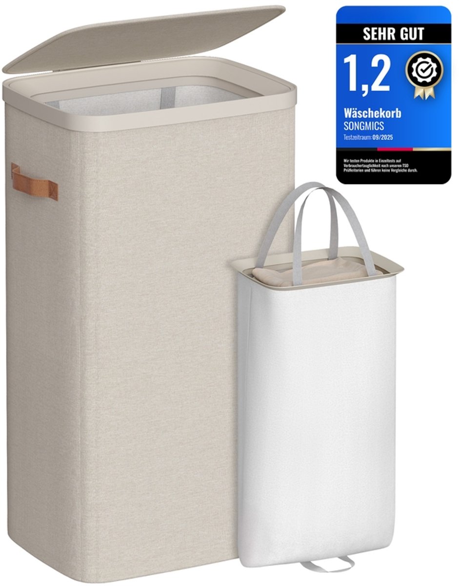 Praktischer Wäschekorb mit Fächern und Deckel, Cappuccinobeige / 42 x 32 x 75