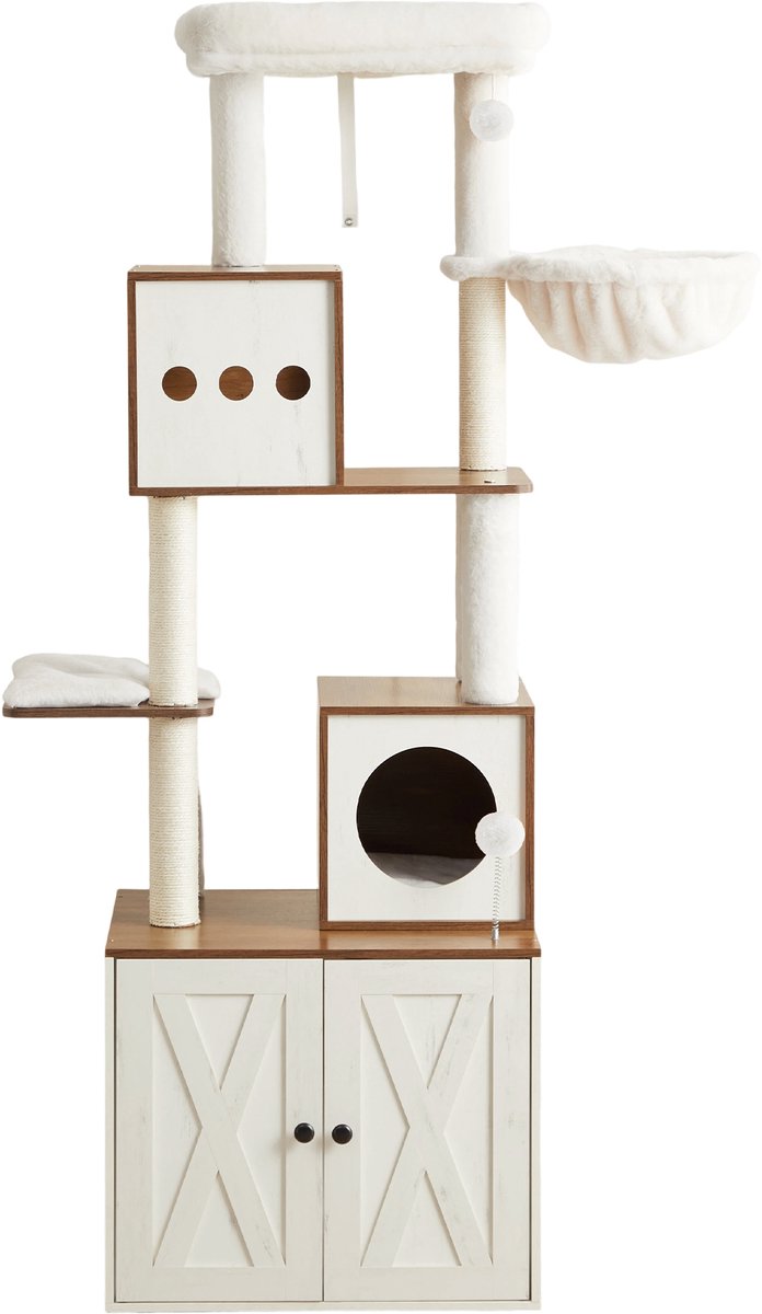 Kratzbaum, Katzenbaum mit Katzenklo-Schrank, Honigbraun + Vintageweiß