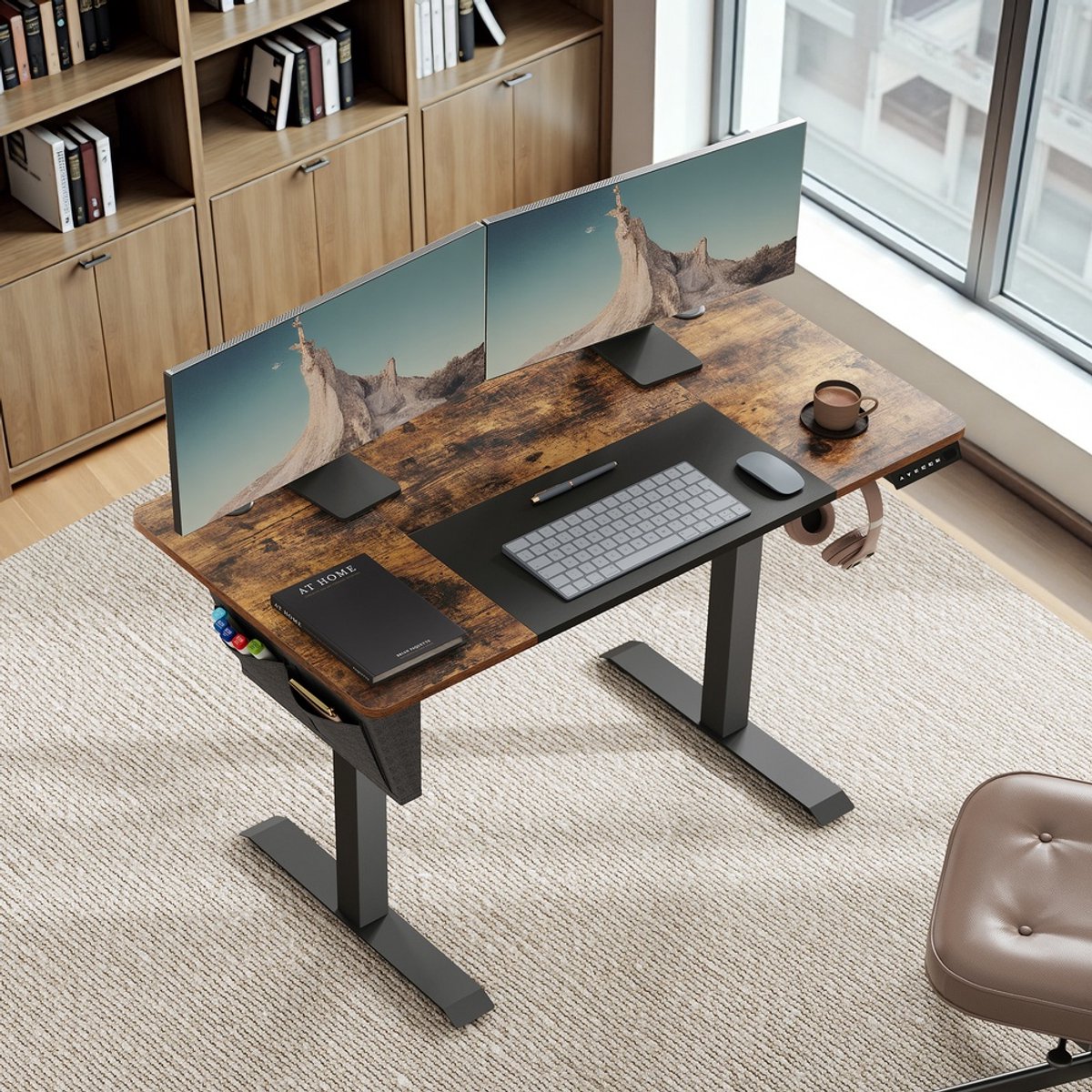 Höhenverstellbarer Schreibtisch mit Memory-Funktion, Vintagebraun + Schwarz / 60 X 120 cm
