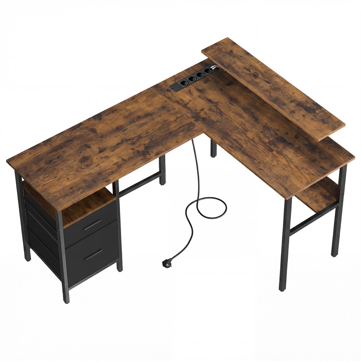 L-förmiger Schreibtisch mit Steckdosen, Vintagebraun