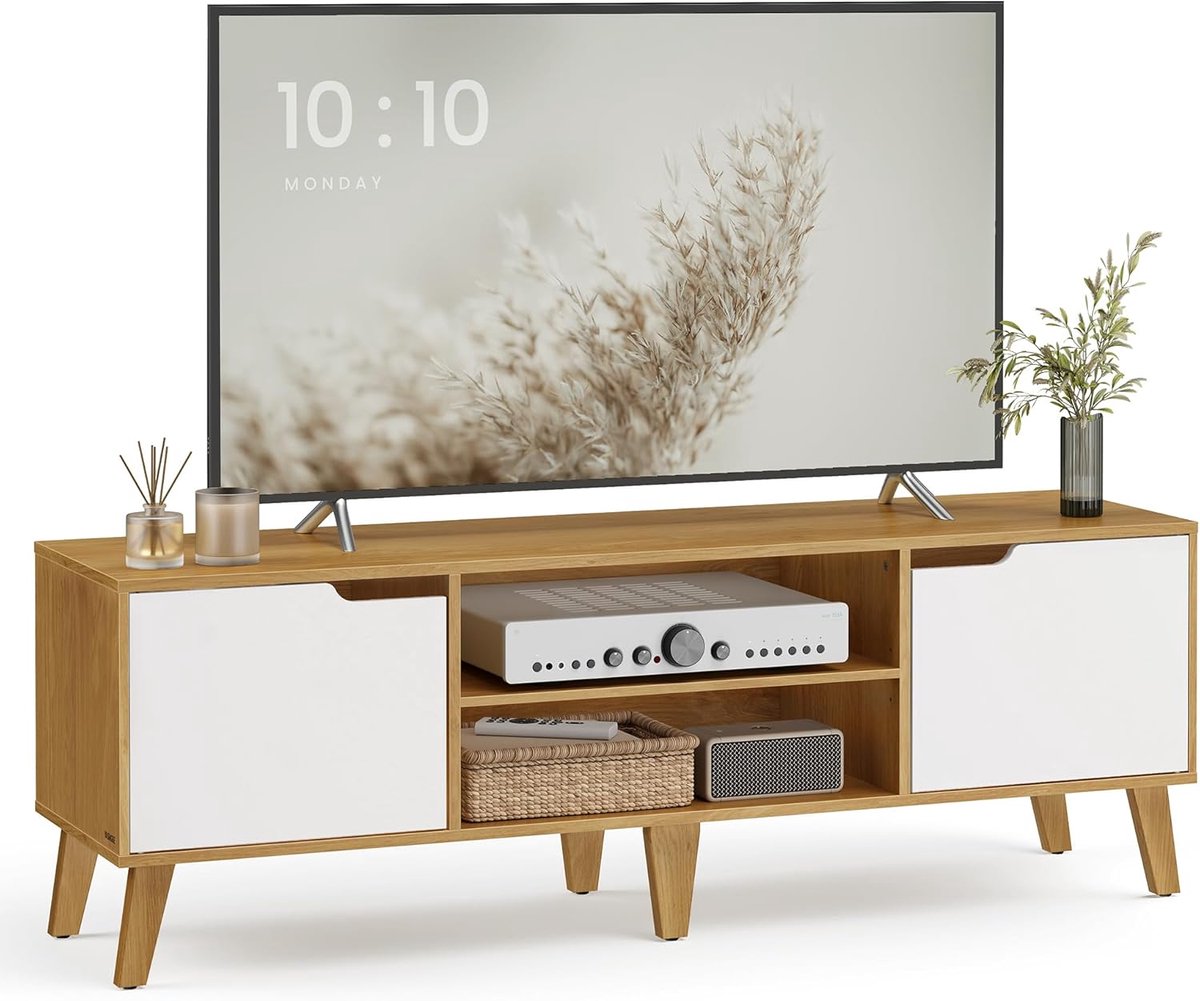TV-Schrank mit verstellbarer Ablage im Übergangsstil Wohnzimmer, Natureichenfarben-Cremeweiß