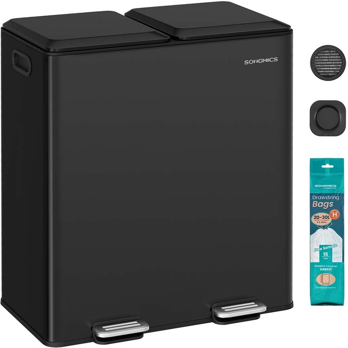 Mülleimer mit zwei Fächern Softclose Pedal und Inneneimern, Tintenschwarz