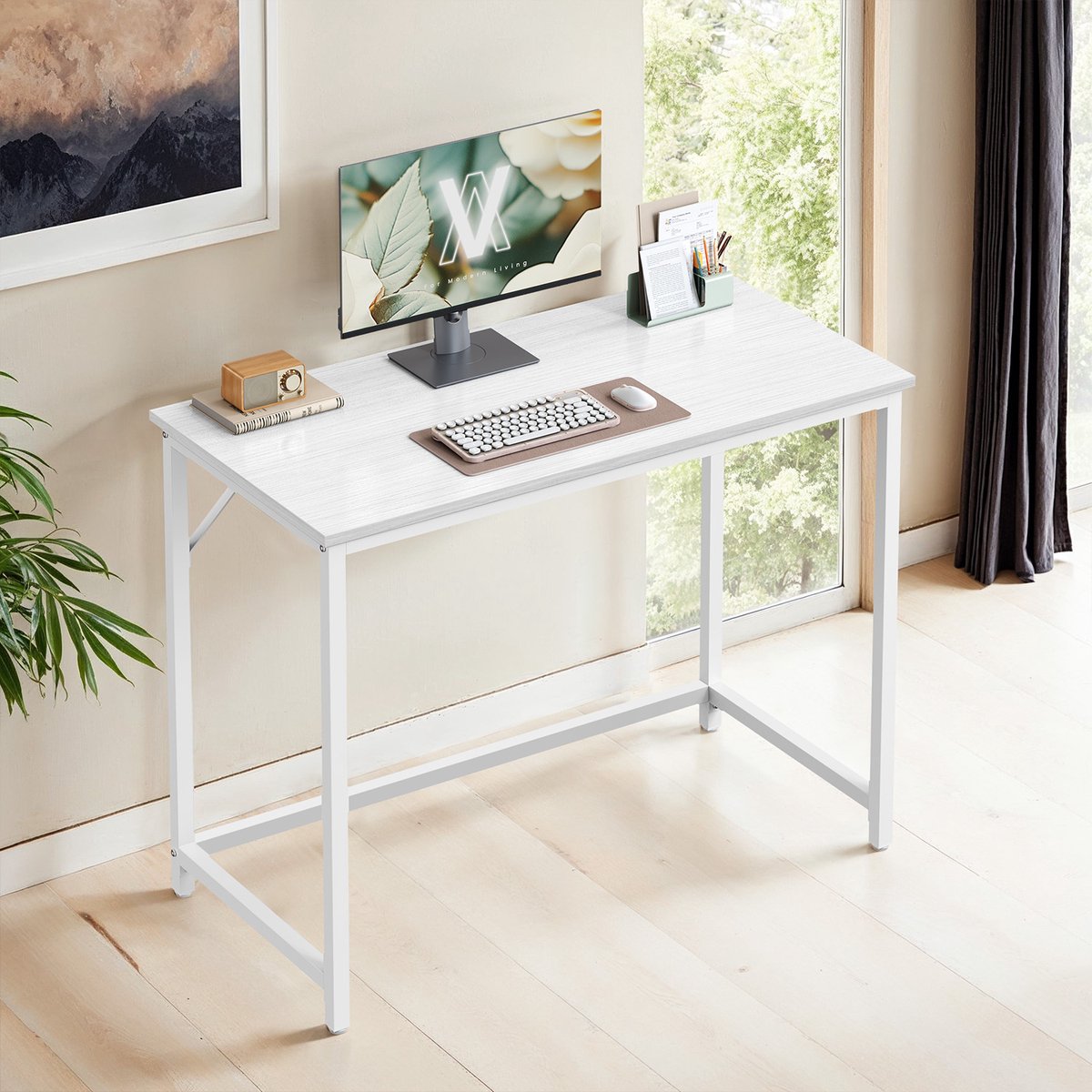 schmaler Bürotisch mit Metallgestell, Ahornweiß