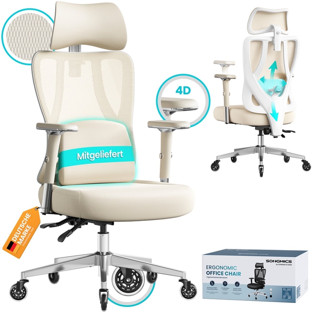 Ergonomischer Bürostuhl mit verstellbarer Unterstützung, kamelbraun- wolkenweiß