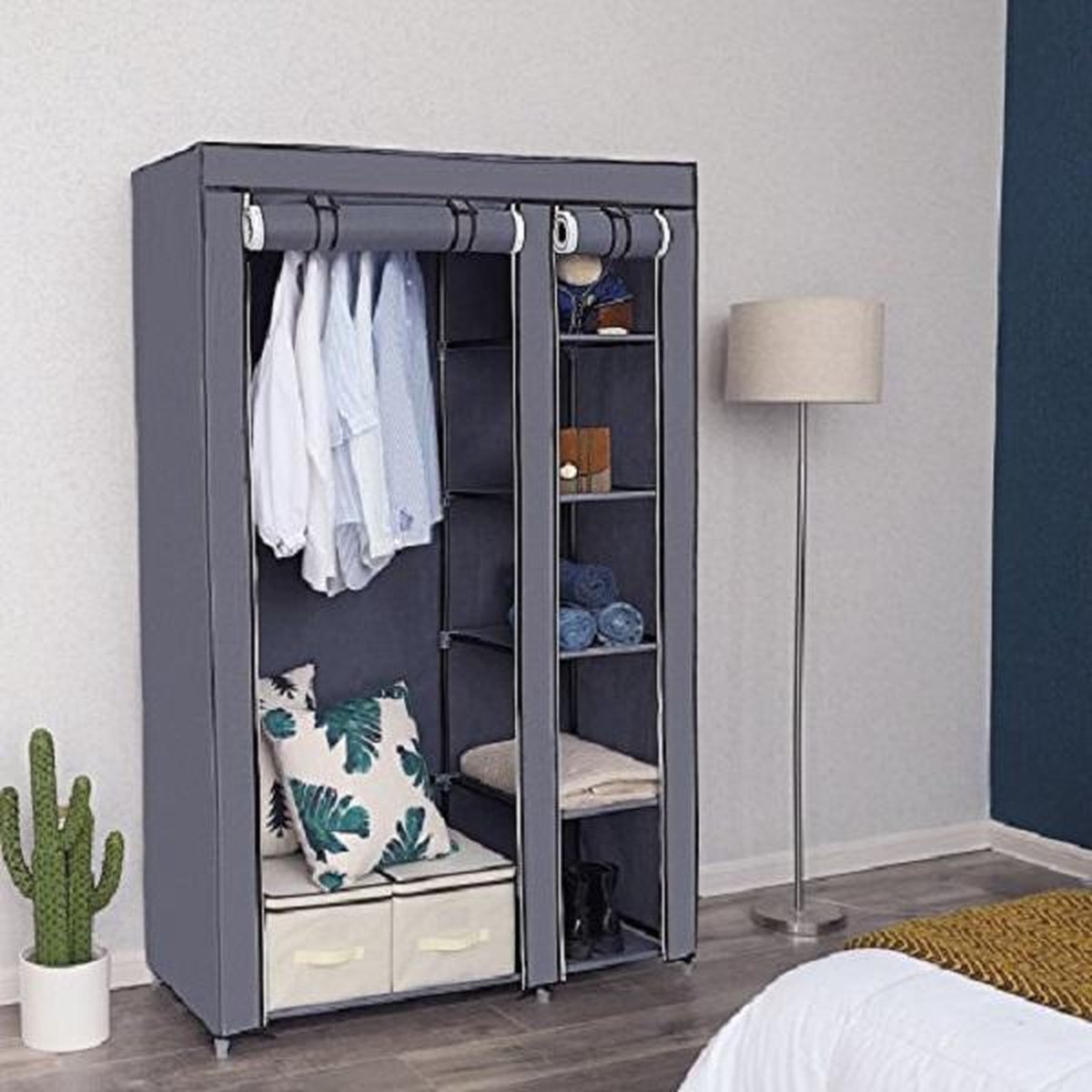 Faltbarer Stoffschrank mit Kleiderstange, Grau
