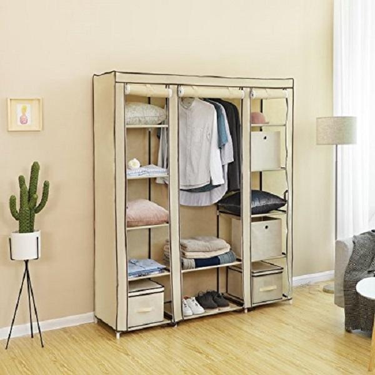 Kleiderschrank 12 Ablagen mit Metallrahmen und Überzug aus Vliesstoff, Beige