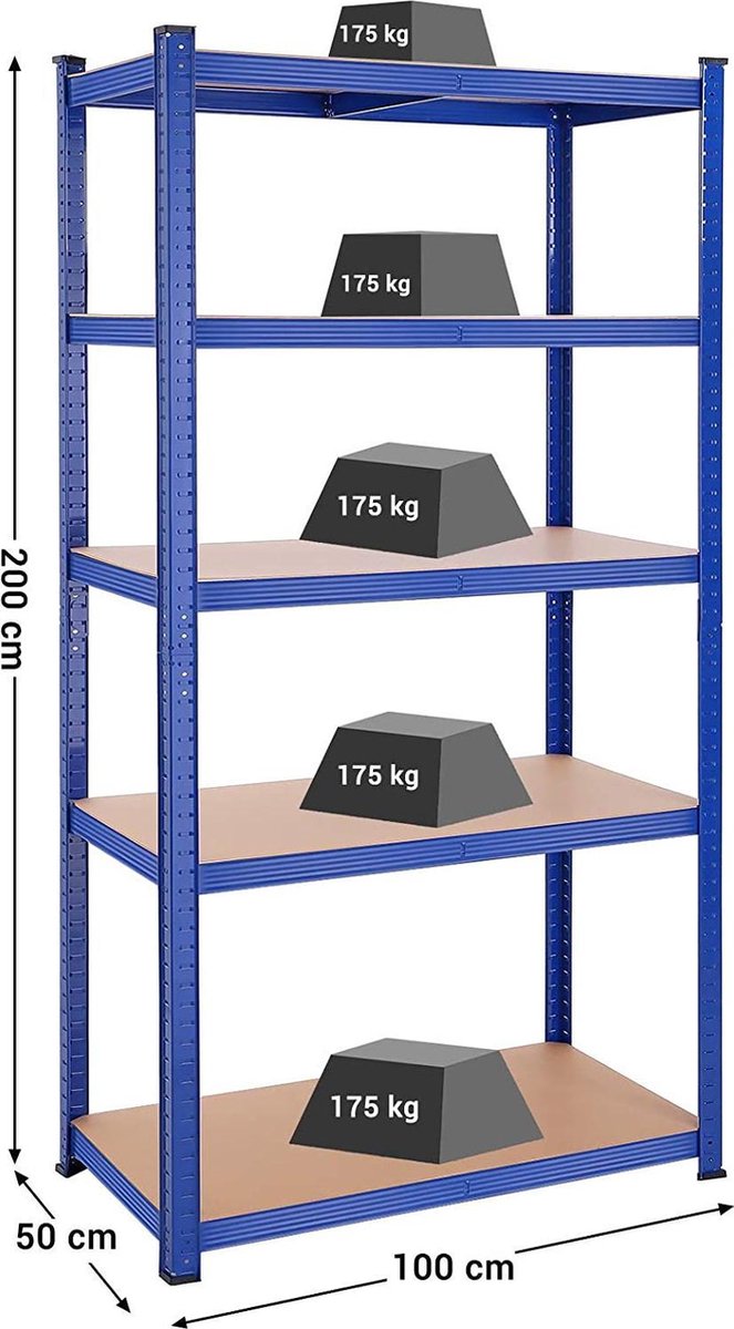 Lagerregal mit 5 verstellbaren Ablagen, Blau / 50 X 100 X 200 cm / 1