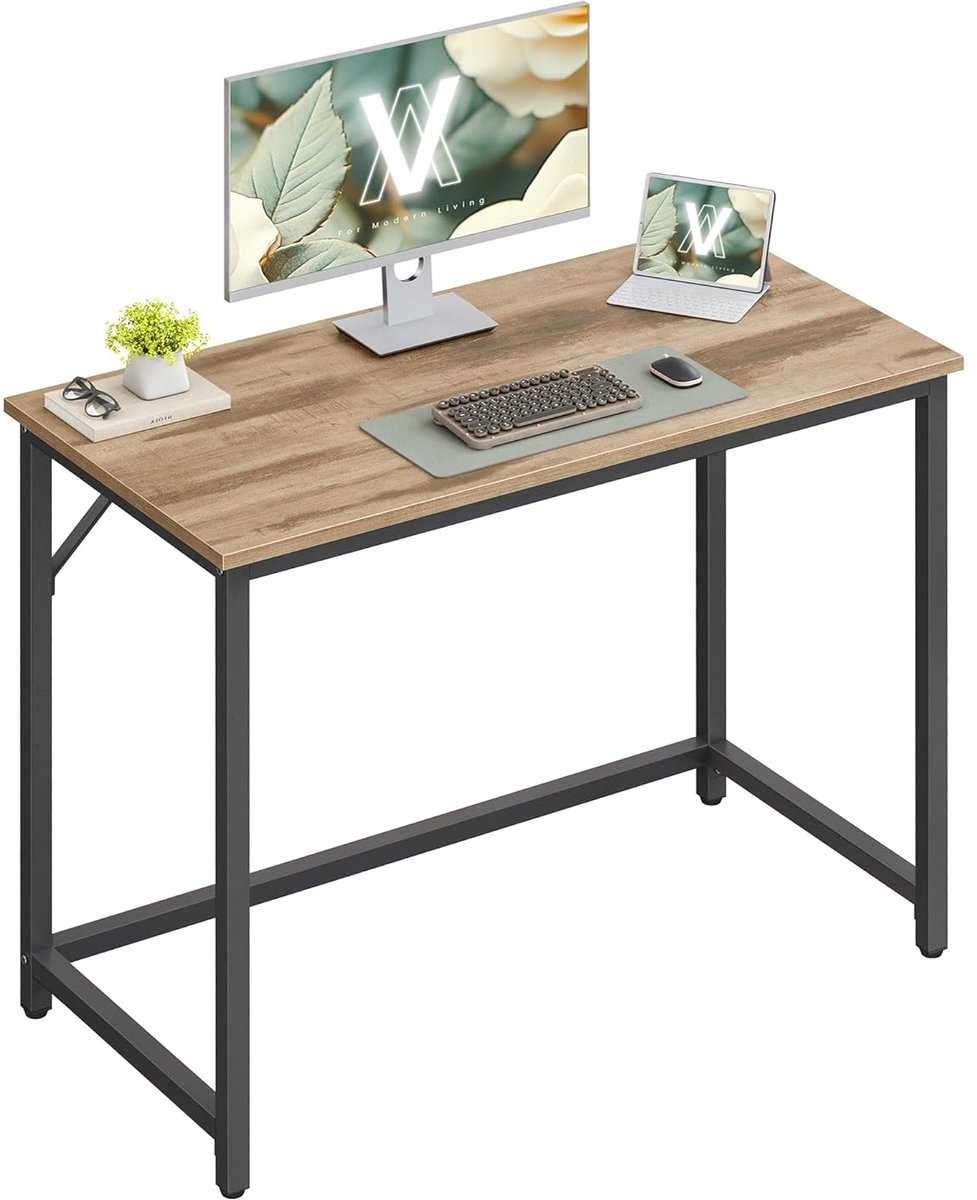 schmaler Bürotisch mit Metallgestell, Kamelbraun + Tintenschwarz