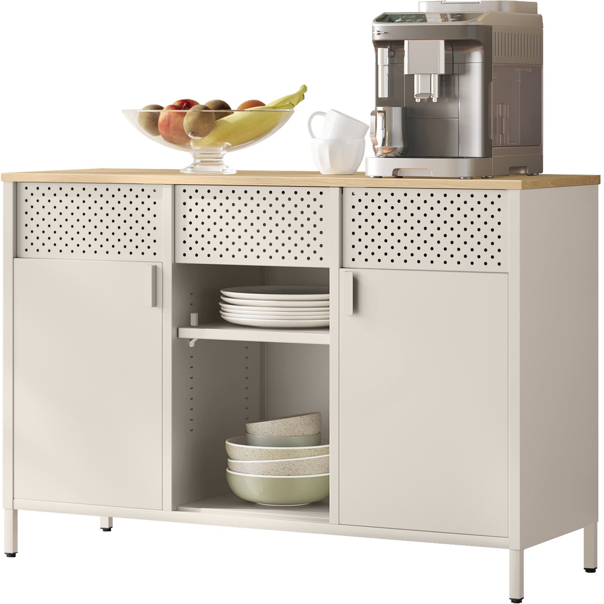 Metallschrank mit verstellbaren Böden und Magnetverschluss, Sandbeige + Natureichenfarben