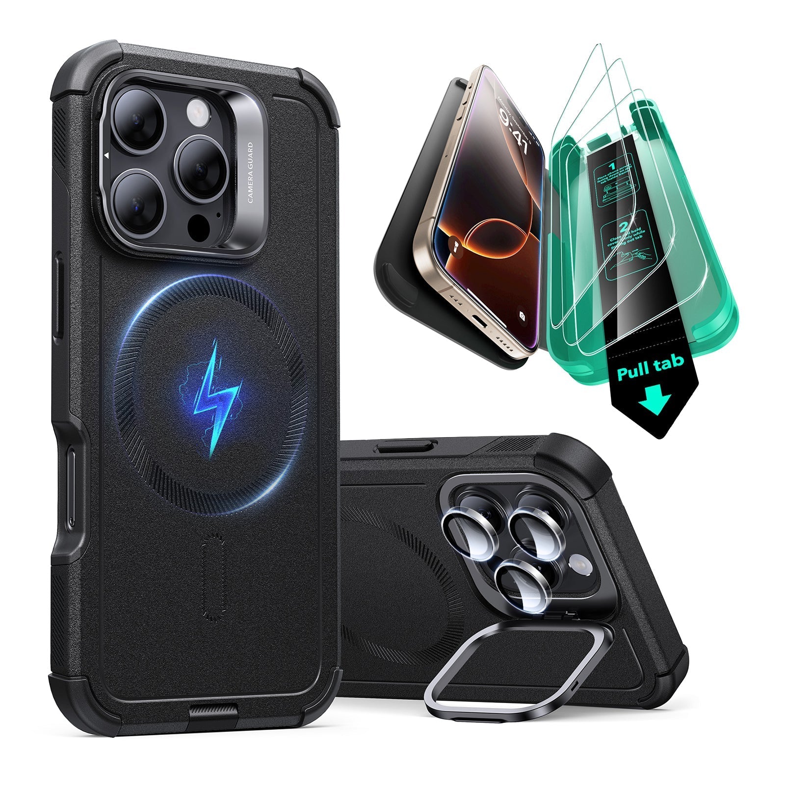 iPhone 16 Pro Max Cyber Panzer Hülle mit Versteck Ständer Schutz Bündel - Black
