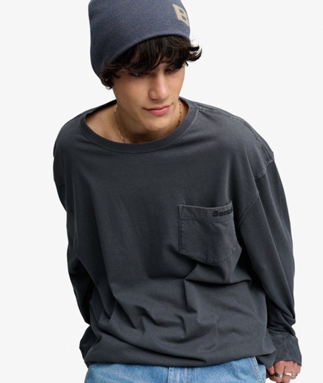 Superdry Herren Bench Boxy Langarm-shirt mit Tasche Dark Grey - Größe: S