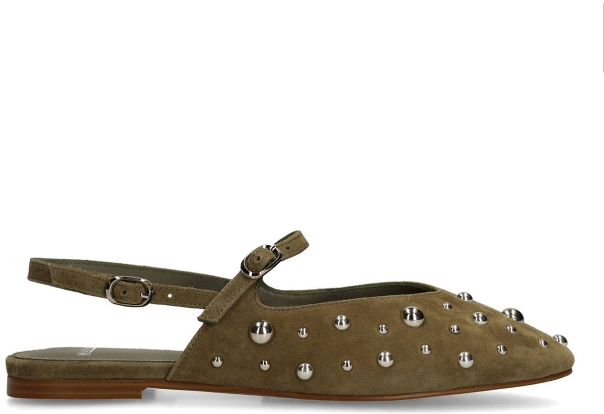 Grüne Veloursleder-Slingbacks mit silberfarbenen Nieten