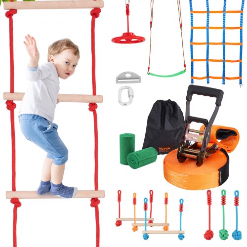 VEVOR Ninja Warrior hinderbana för barn, 15,24 m väderbeständiga slacklines, 500lbs viktkapacitet Monkey Line, utomhuslekutrustning, trädgårdsleksaker träningsutrustning set med 10 hinder