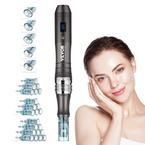 VEVOR Professionell Microneedling-penna, elektrisk dermapenna med 22 st engångspatroner, 6 hudvårdsapparater med variabel hastighet, LCD-skärm och 0-2,5 mm justerbar nållängd