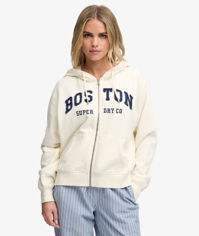 Superdry Damen Athletic Essential Kapuzenjacke mit Reißverschluss in Lockerer Passform White - Größe: 34