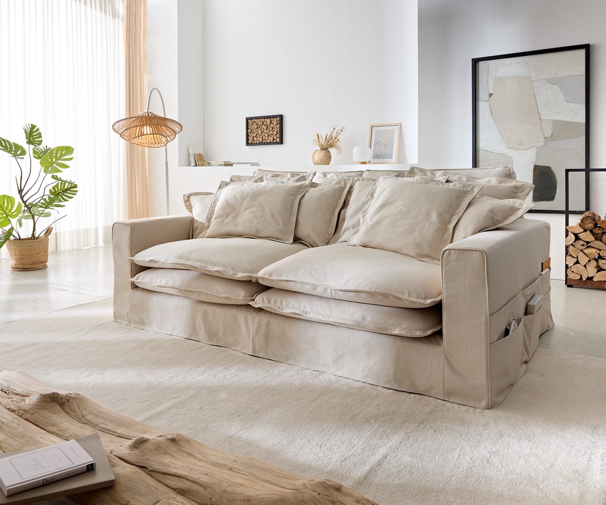 Hussensofa Noelia 240x145 cm Elfenbeinfarben mit Kissen