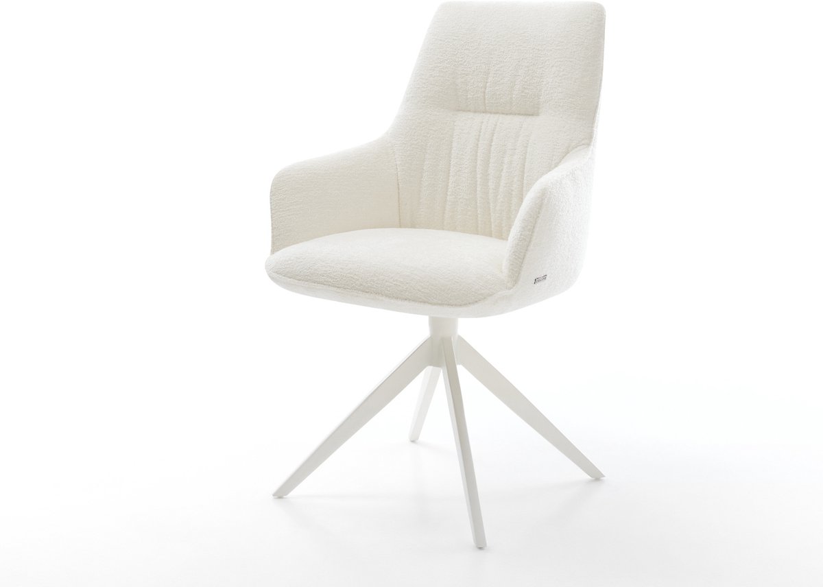 Drehstuhl Zelia-Flex mit Armlehnen Bouclé Soft Beige Kreuzgestell breit Weiß 360° drehbar Wippfunktion Taschenfederkern