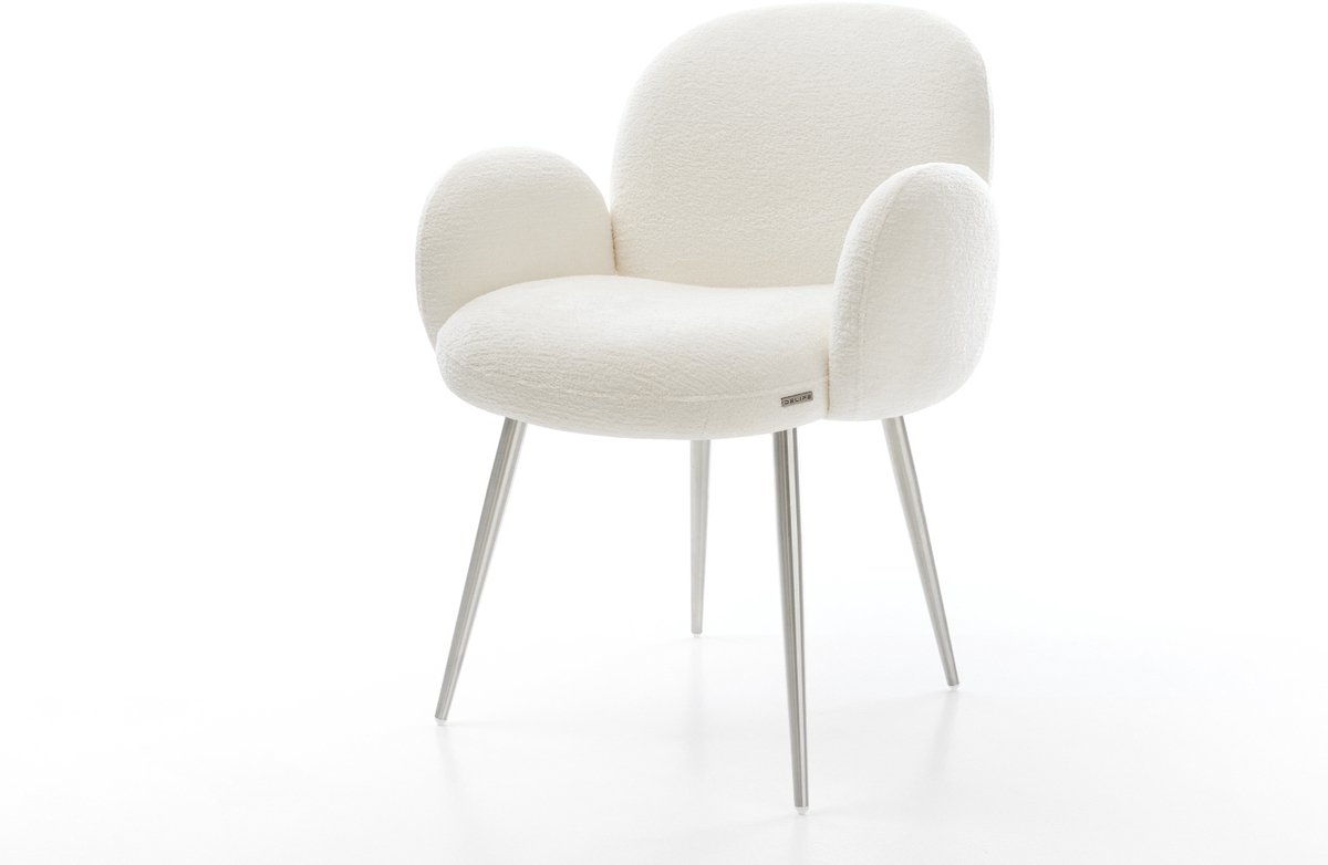 Esszimmerstuhl Nube-Flex mit Armlehnen Bouclé Soft Beige 4-Fuß konisch Edelstahl Taschenfederkern