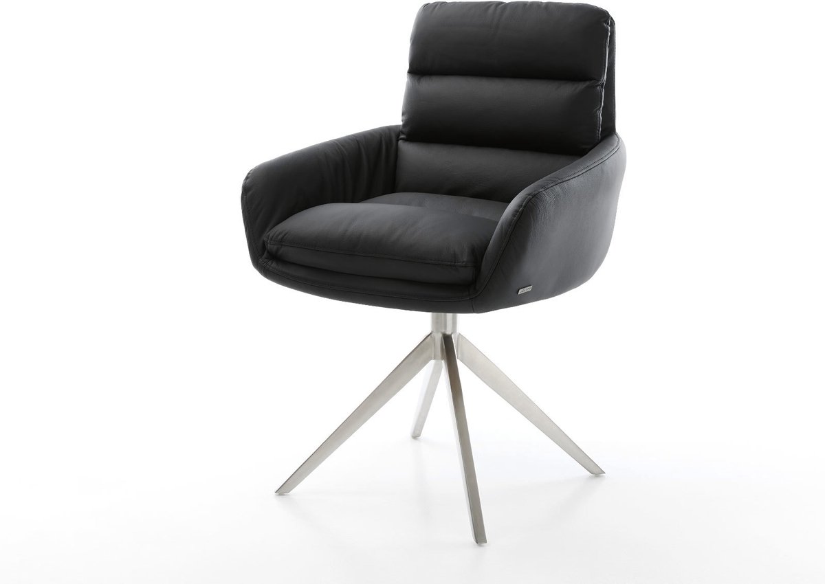 Drehstuhl Abelia-Flex mit Armlehnen Echt-Leder Schwarz Kreuzgestell breit Edelstahl 360° drehbar Wippfunktion