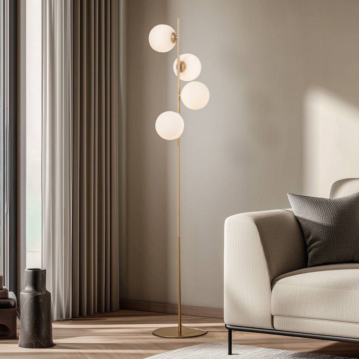 Isandro Stehlampe, opal/gold, 4-flg., Glas/Metall Lucande - Wohnzimmer - Modern - Mehrflammig