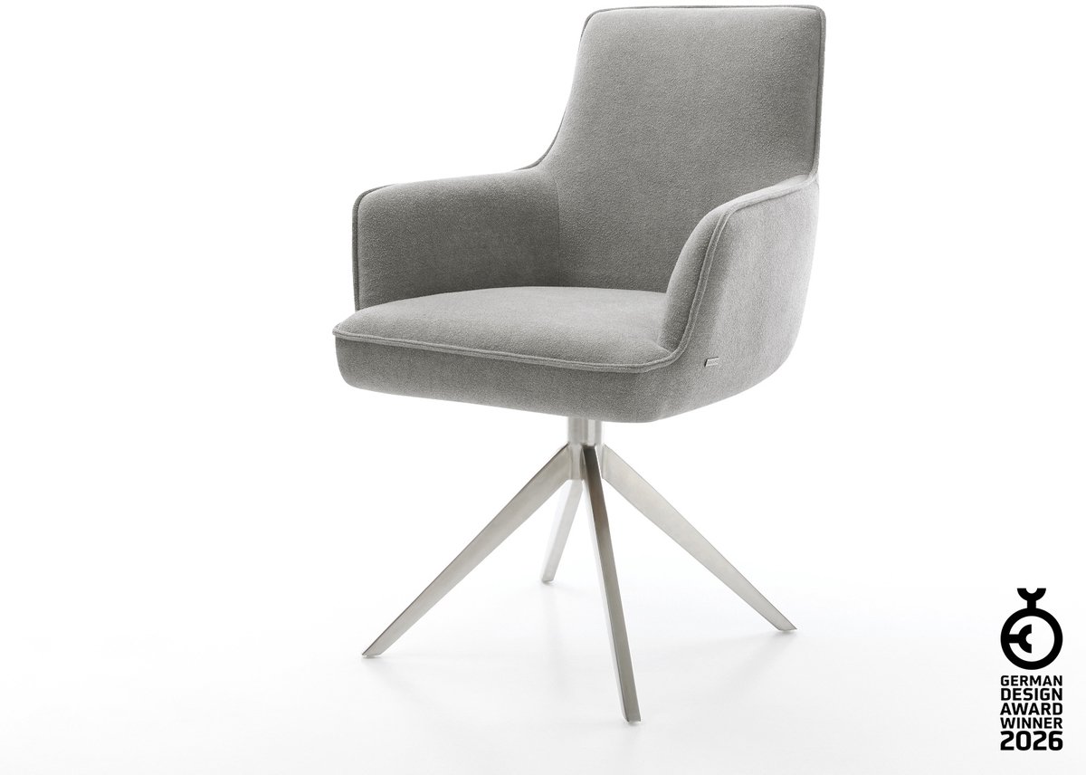 Drehstuhl Heira-Flex mit Armlehnen Strukturstoff Soft Grau Kreuzgestell breit Edelstahl 360° drehbar Wippfunktion Taschenfederkern