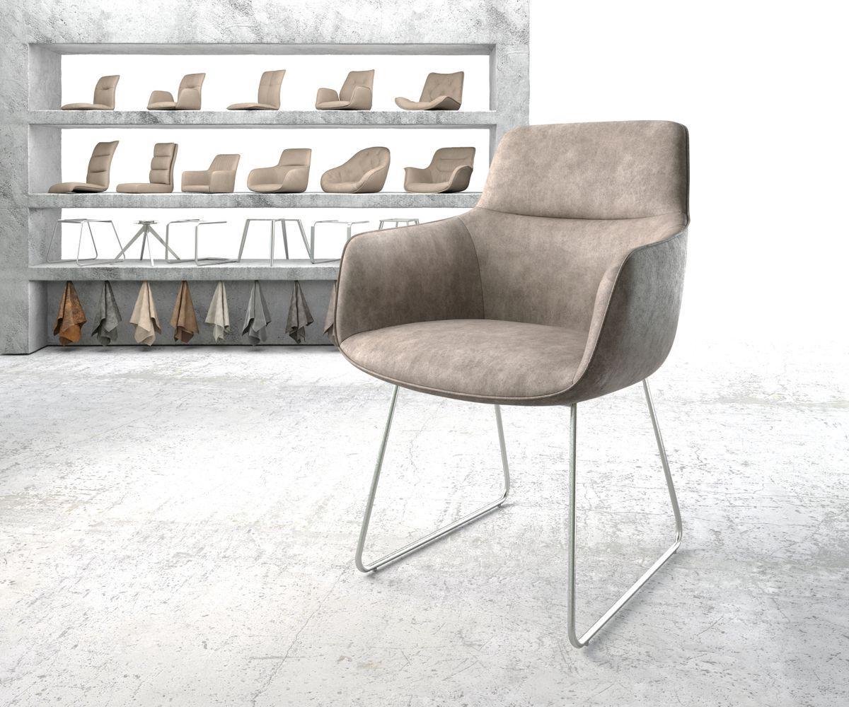 Esszimmerstuhl Pejo-Flex Mikrofaser Taupe Vintage Kufengestell Edelstahl Taschenfederkern