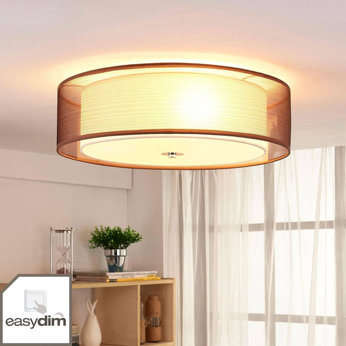 Tobia Deckenleuchte Brown/White/Chrome Lindby - Wohnzimmer - Modern - Stoff / Textil - Rund