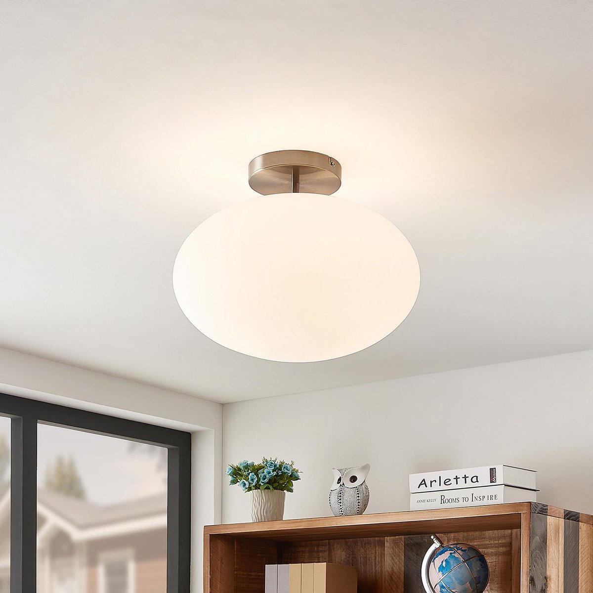 Sonika Deckenleuchte Satin Nickel/Opal White Lindby - Wohnzimmer - Modern - Glas - Mit Abstand