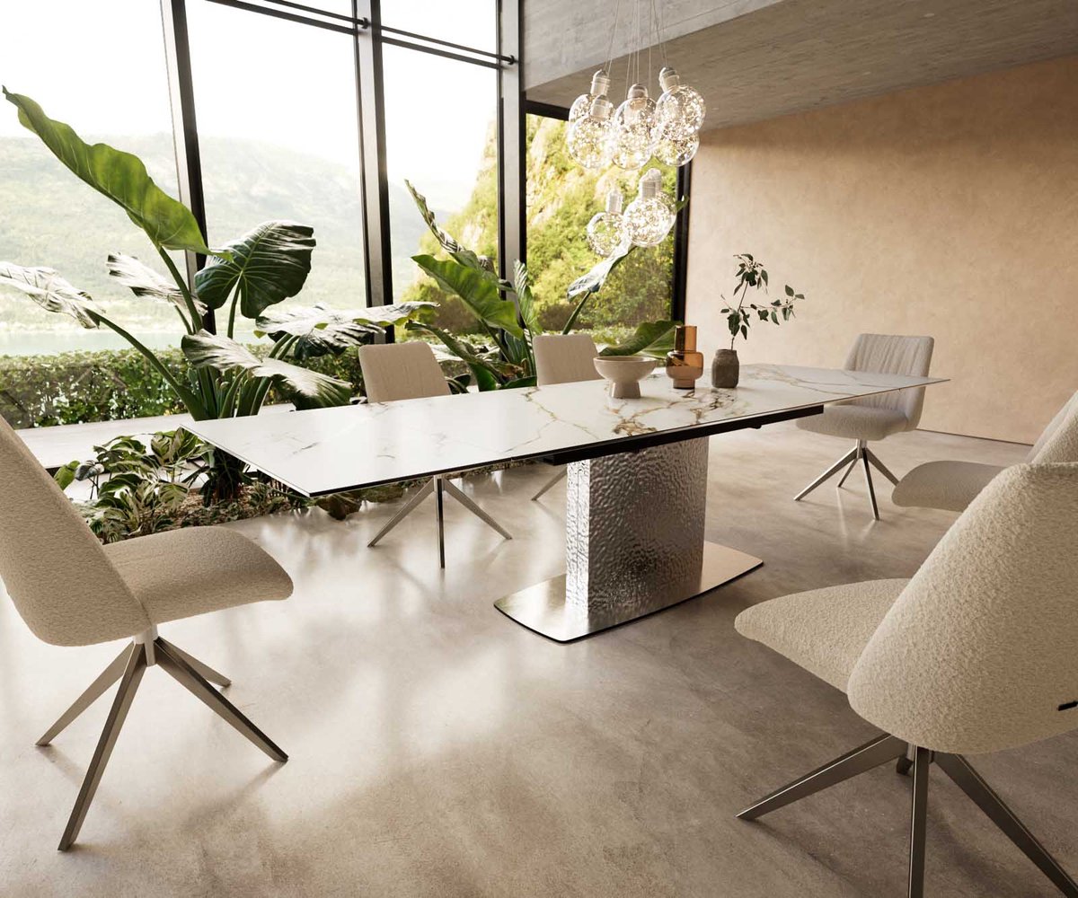 Esstisch Edge 200-300x100 Keramik Calacatta Luxe Weiß-Gold-Grau Wave Edelstahl ausziehbar