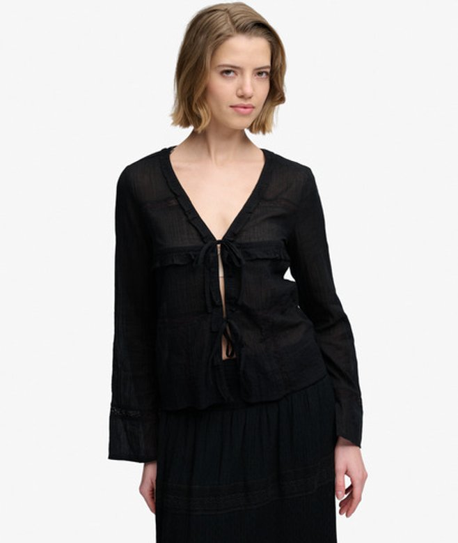 Superdry Damen Langärmliges Top mit Spitze und Bindedetail Vorne Black - Größe: 42