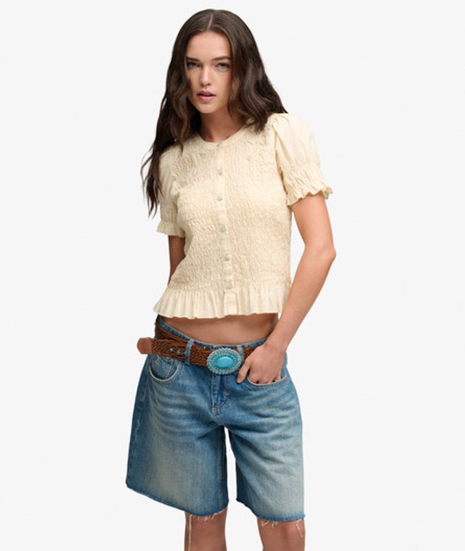 Superdry Damen Kurzärmeliges Smock-oberteil Yellow - Größe: 36