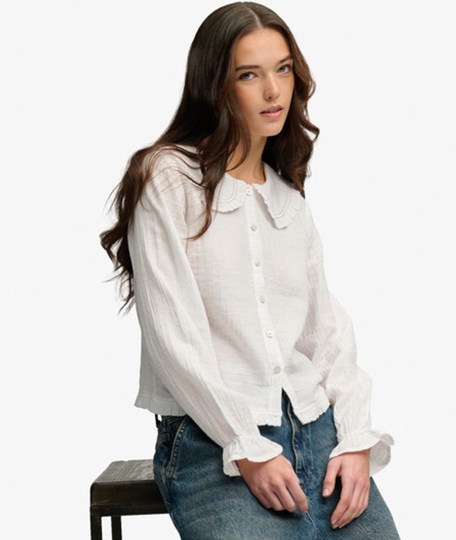 Superdry Damen Langärmliges Oberteil mit Kragen White - Größe: 40