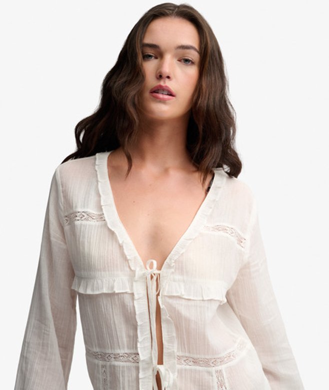 Superdry Damen Langärmliges Top mit Spitze und Bindedetail Vorne White - Größe: 42