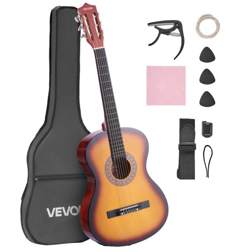 VEVOR Klassisk Gitarr, 960 mm, Startkit för Klassisk Gitarr i Trä för Nybörjare, med Nylonsträngar, Gigbag, Rem, Stämapparat, Extra Strängar, Plektrum, Capo, Lindträ, för Tonåringar Vuxna Studenter, Sunburst