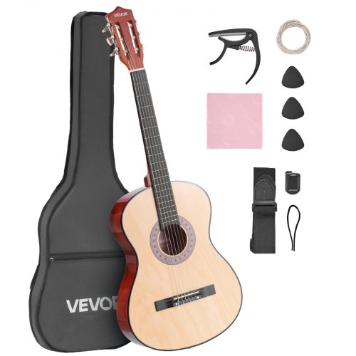 VEVOR Klassisk Gitarr, 960 mm, Startkit för Klassisk Gitarr i Trä för Nybörjare, med Nylonsträngar, Gigbag, Rem, Stämapparat, Extra Strängar, Plektrum, Capo, Lindträ, för Tonåringar Vuxna Studenter, Naturfärgad