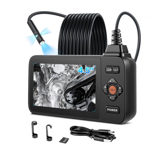 VEVOR Triple Lens Endoscope with Light, 4.5" HD IPS Screen Industrial Borescope Camera, 8 + 2 Lights, 8X Zoom, IP67 Waterproof Inspection Snake Camera for Automotive, Plumbing (5m Rigid Cable)